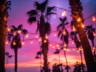 Poster - Palm tree silhouettes adorned with glowing electric garlands against a twilight sky by the ocean