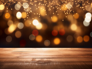 Wall Mural - A wood table adorned with vibrant Christmas lights, casting a colorful glow