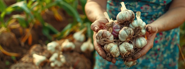 Wall Mural - Garlic in the garden in the hands of a woman. Selective focus.