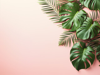 Wall Mural - Retro-toned pink background featuring a border of Monstera green leaves and copy space