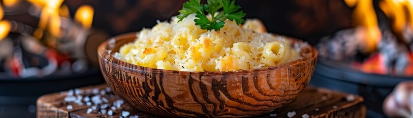 Liechtensteiner kasknopfle, cheesy spaetzle, served hot in a wooden bowl, alpine chalet, heartwarming meal on a cold day