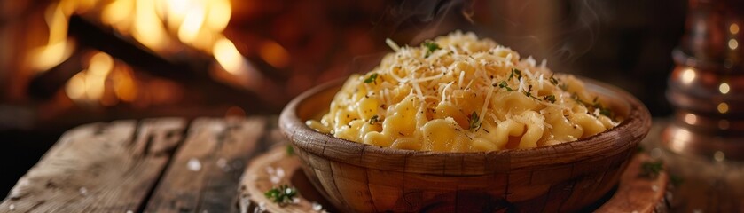 Wall Mural - Liechtensteiner kasknopfle, cheesy spaetzle, served hot in a wooden bowl, alpine chalet, heartwarming meal on a cold day