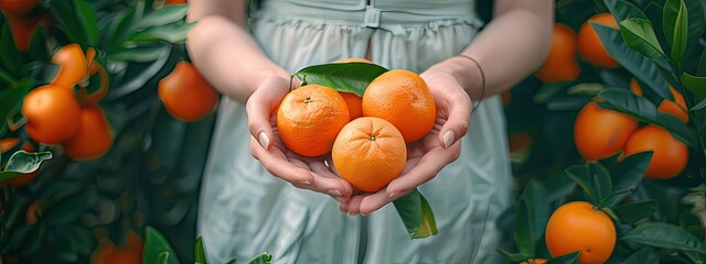 Wall Mural - Lemons in the hands of a woman in the garden. Selective focus.