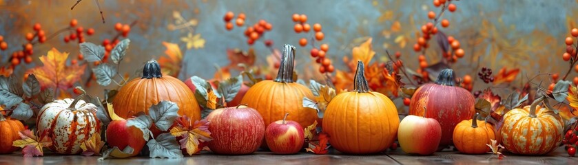 Wall Mural - A detailed close-up of a beautifully arranged display of autumn harvest including pumpkins and apples, focusing on the natural textures, set against a muted, stylish backdrop, exte