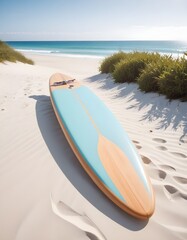  A surfboard on a sandy beach with waves in the background