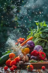 Wall Mural - Various wet wash vegetables splash. Selective focus.