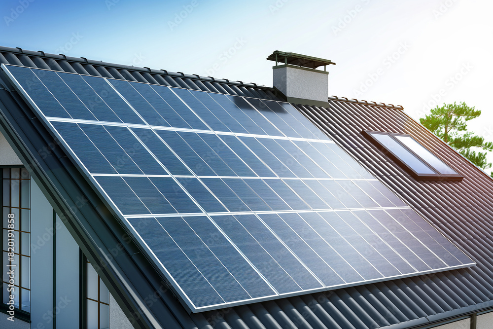 Solar panels producing clean energy on a roof of a residential house ...
