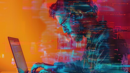 in the photo is a man wearing glasses and a blue shirt coding on his laptop. the background is brigh