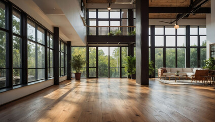 Wall Mural - Spacious modern loft with wooden floors and greenery.