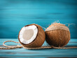 © Llama-World-studio - Close-up of coconuts and twine on blue backdrop