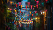 © Olivia - A festive alley decorated with string lights and small flags for a local festival.
