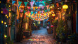 © Olivia - A festive alley decorated with string lights and small flags for a local festival.