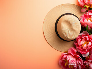 Wall Mural - Top view flat lay of womens straw hat and pink peonies on bright yellow background