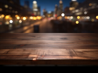 Wall Mural - Against a blurred night bar scene, a wooden table provides a display surface