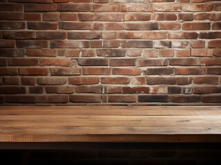 Wall Mural - Rustic brick wall forms the backdrop for a wooden table, perfect for product display mockups