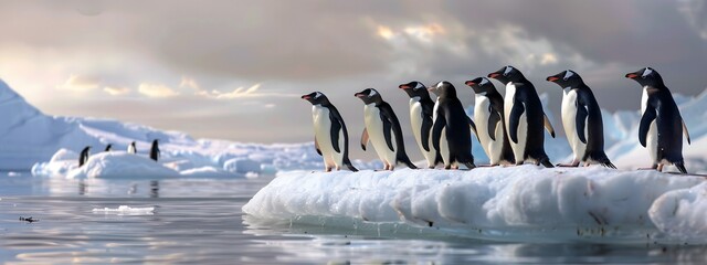 serene penguins on iceberg at sunset