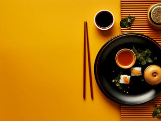 Wall Mural - Top view of oriental table setting for sushi and maki on yellow background