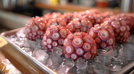 Fresh octopus in ice on a stainless steel cutting board, ready to be processed