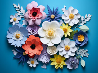 Wall Mural - Vibrant paper flowers pop against a blue backdrop in a top view