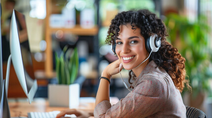 Wall Mural - Woman Wearing Headphones Working at Computer