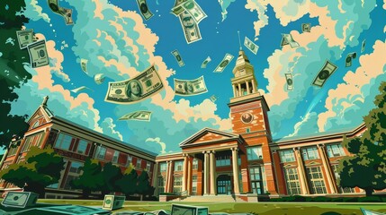 University campus showered with money illustration - Vibrant illustration of a university campus with dollar bills raining down from the sky in a cartoonish style