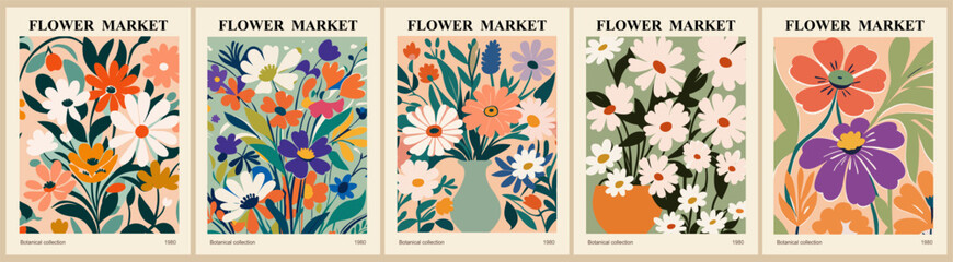 Set of abstract Flower Market posters. Trendy botanical wall arts with floral design in Peach Fuzz color palette. Modern naive groovy funky interior decorations, paintings. Vector art illustration.