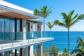 : An elegant coastal home with a sleek, contemporary design, boasting expansive balconies with glass railings overlooking the serene blue ocean, framed by tall palm trees swaying in the gentle breeze.