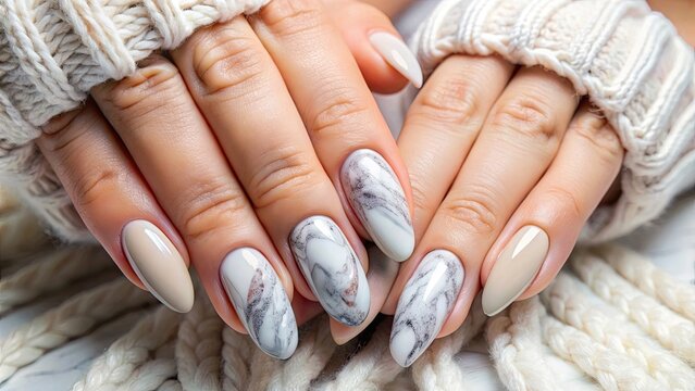 woman hands with elegant neutral colors manicure. Beautiful natural looking gel polish
