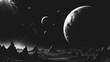 © 3d_kot - Deep space science fiction background with fantasy alien planet landscape and huge planet on the horizon in stippling style. Dotwork. Pointillism. Noisy grainy shading using dots. Vector illustration
