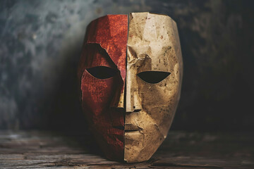 Two-color mask as a symbol of duplicity and lies. Tell the truth Day