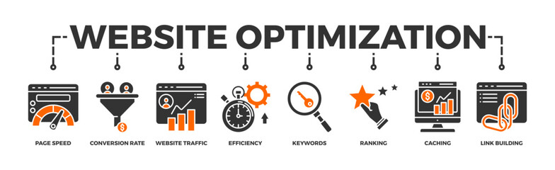 Website optimization banner web icon vector illustration concept with icon of page speed, conversion rate, website traffic, efficiency, keywords, ranking, caching, link building