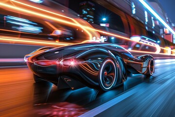 Wall Mural - Futuristic Electric Car in High-Speed Motion with Neon Lights