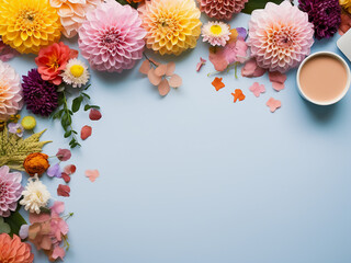 Wall Mural - Workspace of freelancer woman with flowers and copy space