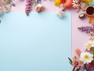 Wall Mural - Top view of freelancers workspace with flowers and copy space