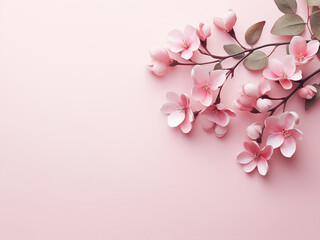 Wall Mural - A flat lay presentation of pink flowers and eucalyptus leaves on a pastel pink backdrop