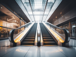 Wall Mural - Escalators blur in a modern building, versatile for backgrounds