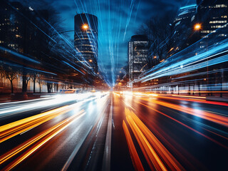 Poster - Night lights and motion blur depict the citys bustling energy