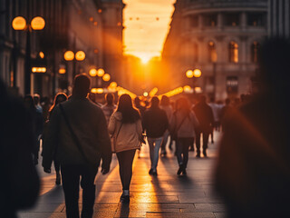 Wall Mural - Evening street walkers blend into the mesmerizing hues of a sunset