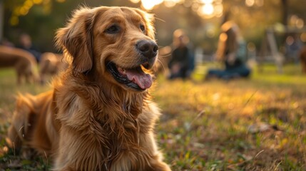 diverse dog obedience class, an enthusiastic black pet owner training a golden retriever in obedience class with a caucasian trainer and agility equipment in the background