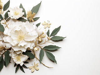 Wall Mural - A picturesque arrangement of leaves and a white peony, creating a charming frame