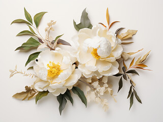 Wall Mural - A composition of leaves and a pristine white peony forming a delicate frame