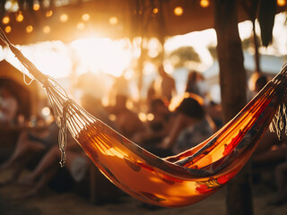 Wall Mural - Hammock close-up with blurred summer crowd