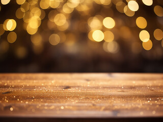 Wall Mural - Dark wooden table with defocused yellow bokeh lights