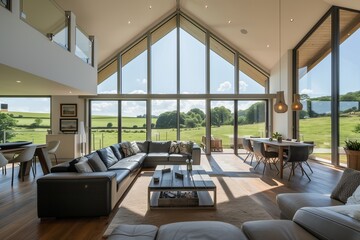 Wall Mural - : A modern barn conversion, blending rustic charm with contemporary luxury, featuring a large, open-plan living area with floor-to-ceiling windows overlooking rolling green pastures.