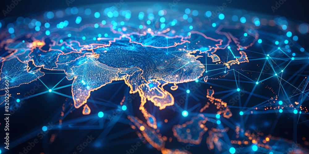 Digital map of Asia, concept of global network and connectivity, data ...