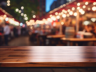 Poster - Amidst a night market blur, a wooden counter flaunts display products