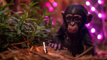 Wall Mural -   A close-up of a monkey holding a lit candle next to a potted plant