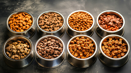 Assortment of pet food, Cats and dogs dry food in metal bowl, Dry pet food, Dry kibble food