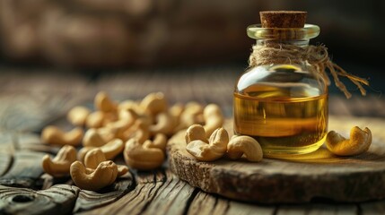 cashew essential oil close-up. Selective focus