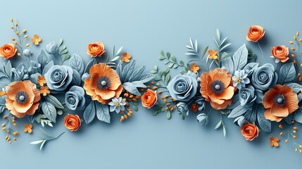   Two blue and orange paper flowers on a blue background with leaves and flowers on the sides